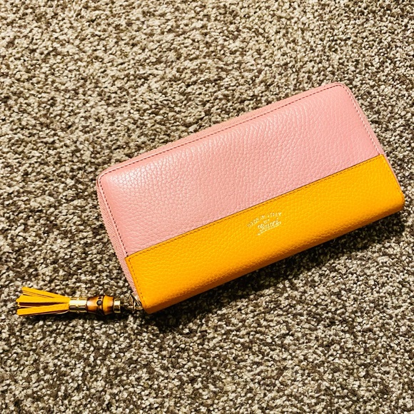 EUC GUCCI LE Japan Exclusive Two Tone Pink & Orange Leather Bamboo Long Wallet - Picture 4 of 16